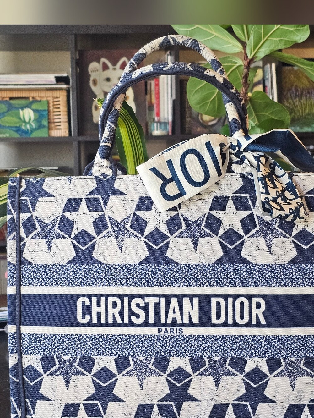 Christian Dior Navy and White Lucky Star "Etoile" Canvas Tote w/ Signature Logo